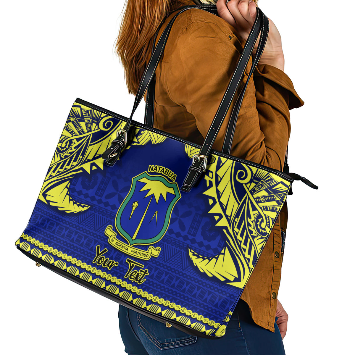 Personalised Fiji Natabua High School Leather Tote Bag Fijian Tapa Pattern LT14
