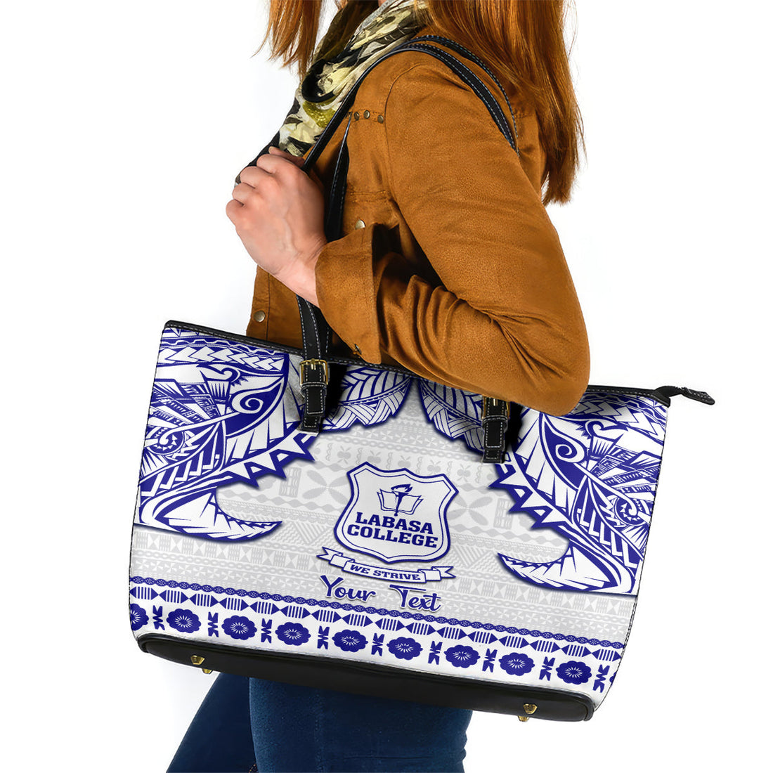 Personalised Fiji Labasa College Leather Tote Bag Fijian Tapa Pattern LT14