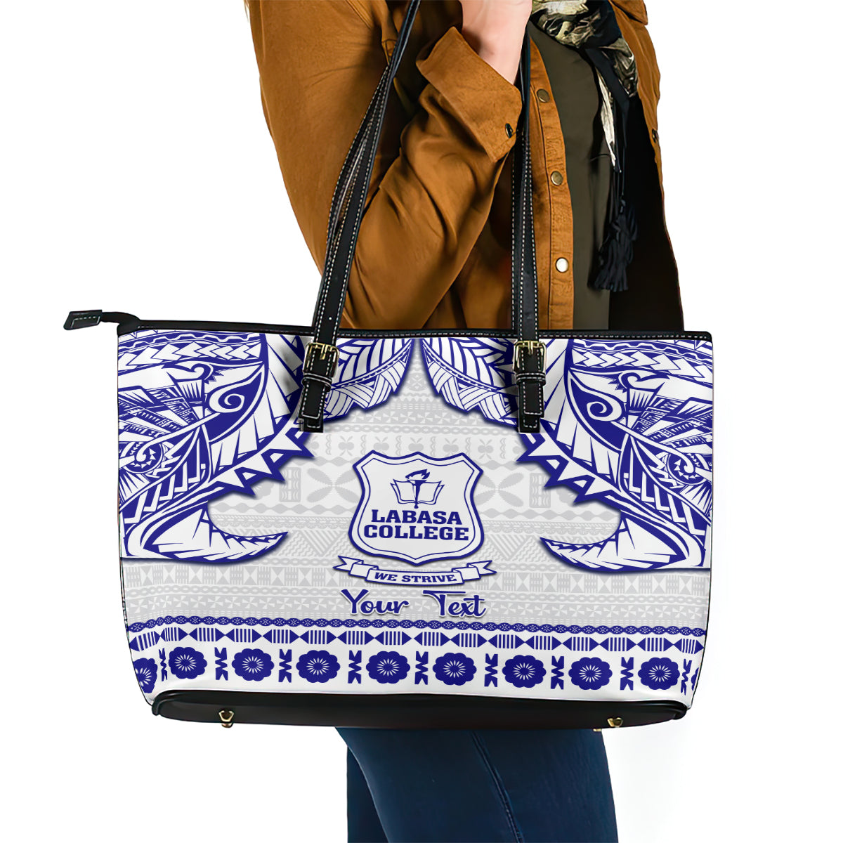 Personalised Fiji Labasa College Leather Tote Bag Fijian Tapa Pattern LT14