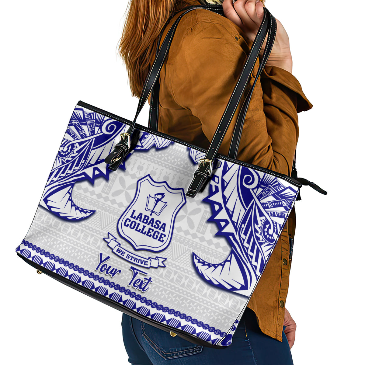 Personalised Fiji Labasa College Leather Tote Bag Fijian Tapa Pattern LT14