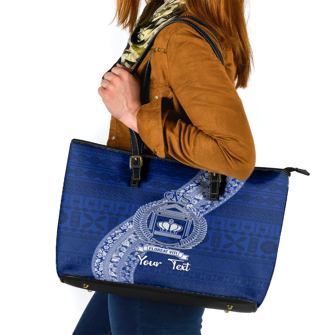 Personalised Fiji Queen Victoria School Leather Tote Bag Fijian Tapa Pattern LT14