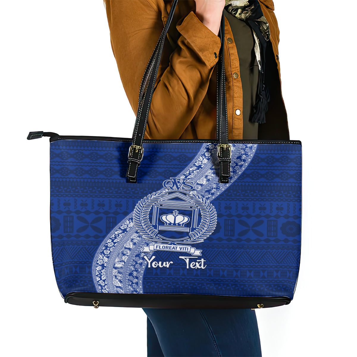 Personalised Fiji Queen Victoria School Leather Tote Bag Fijian Tapa Pattern LT14