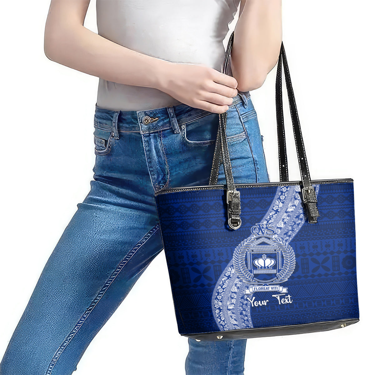 Personalised Fiji Queen Victoria School Leather Tote Bag Fijian Tapa Pattern LT14