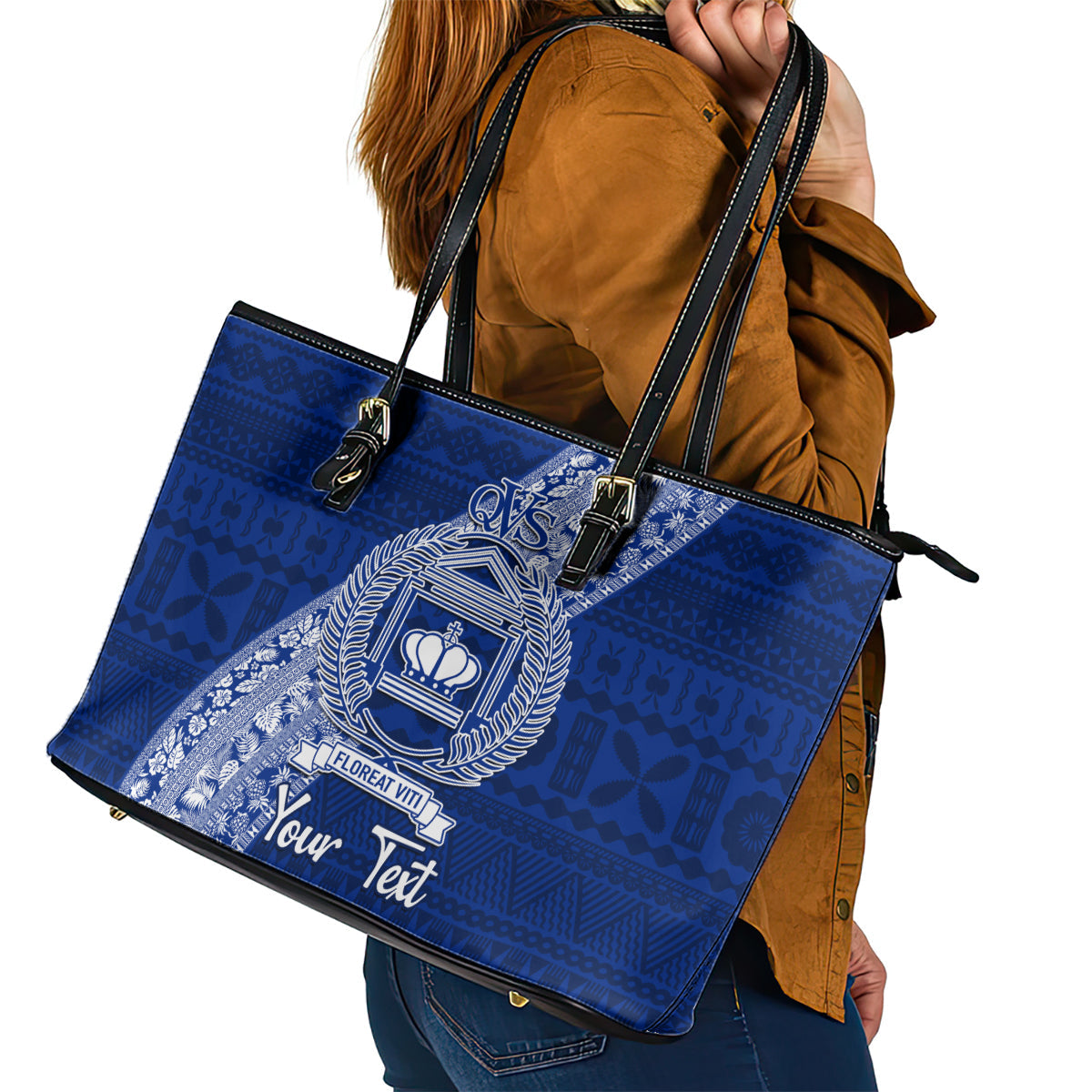 Personalised Fiji Queen Victoria School Leather Tote Bag Fijian Tapa Pattern LT14
