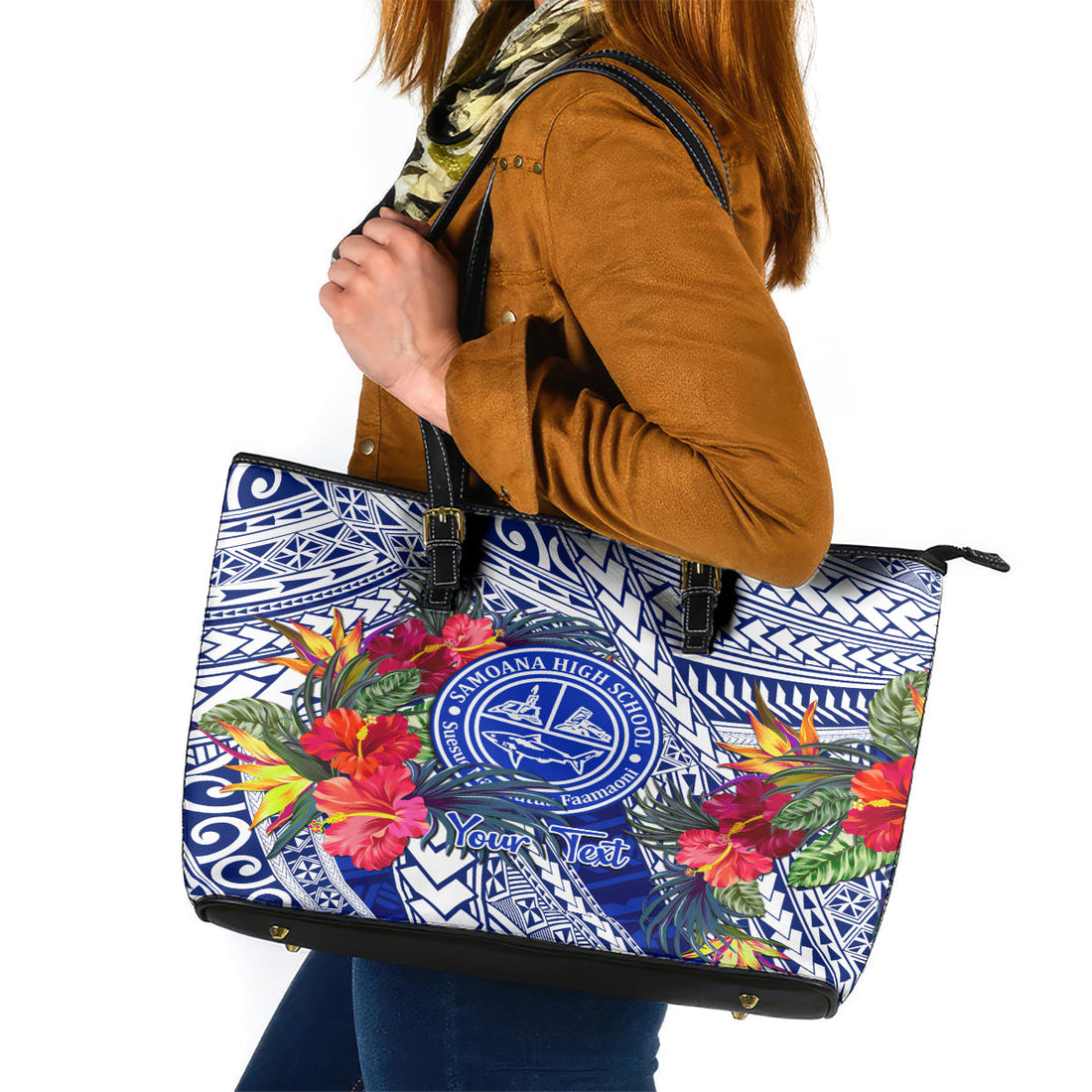 Personalised Samoana High School Leather Tote Bag American Samoa Schools Polynesian Tropical Flowers LT14
