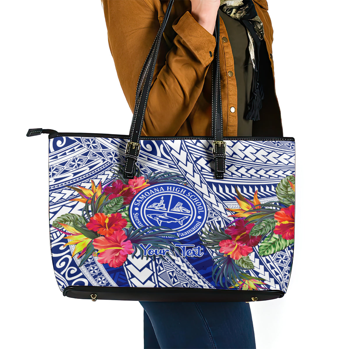 Personalised Samoana High School Leather Tote Bag American Samoa Schools Polynesian Tropical Flowers LT14