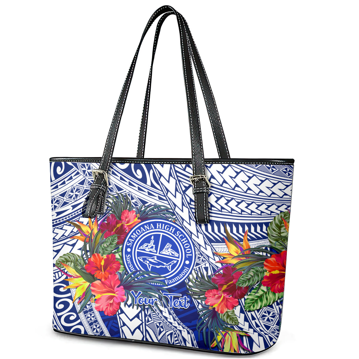 Personalised Samoana High School Leather Tote Bag American Samoa Schools Polynesian Tropical Flowers LT14