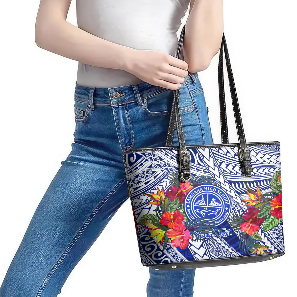 Personalised Samoana High School Leather Tote Bag American Samoa Schools Polynesian Tropical Flowers LT14