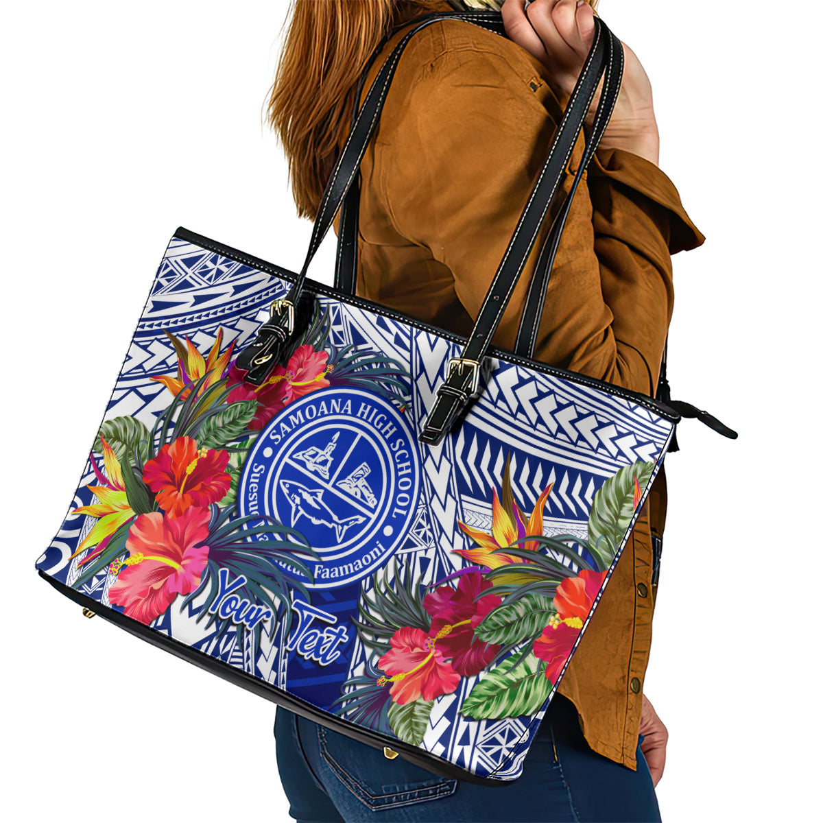 Personalised Samoana High School Leather Tote Bag American Samoa Schools Polynesian Tropical Flowers LT14