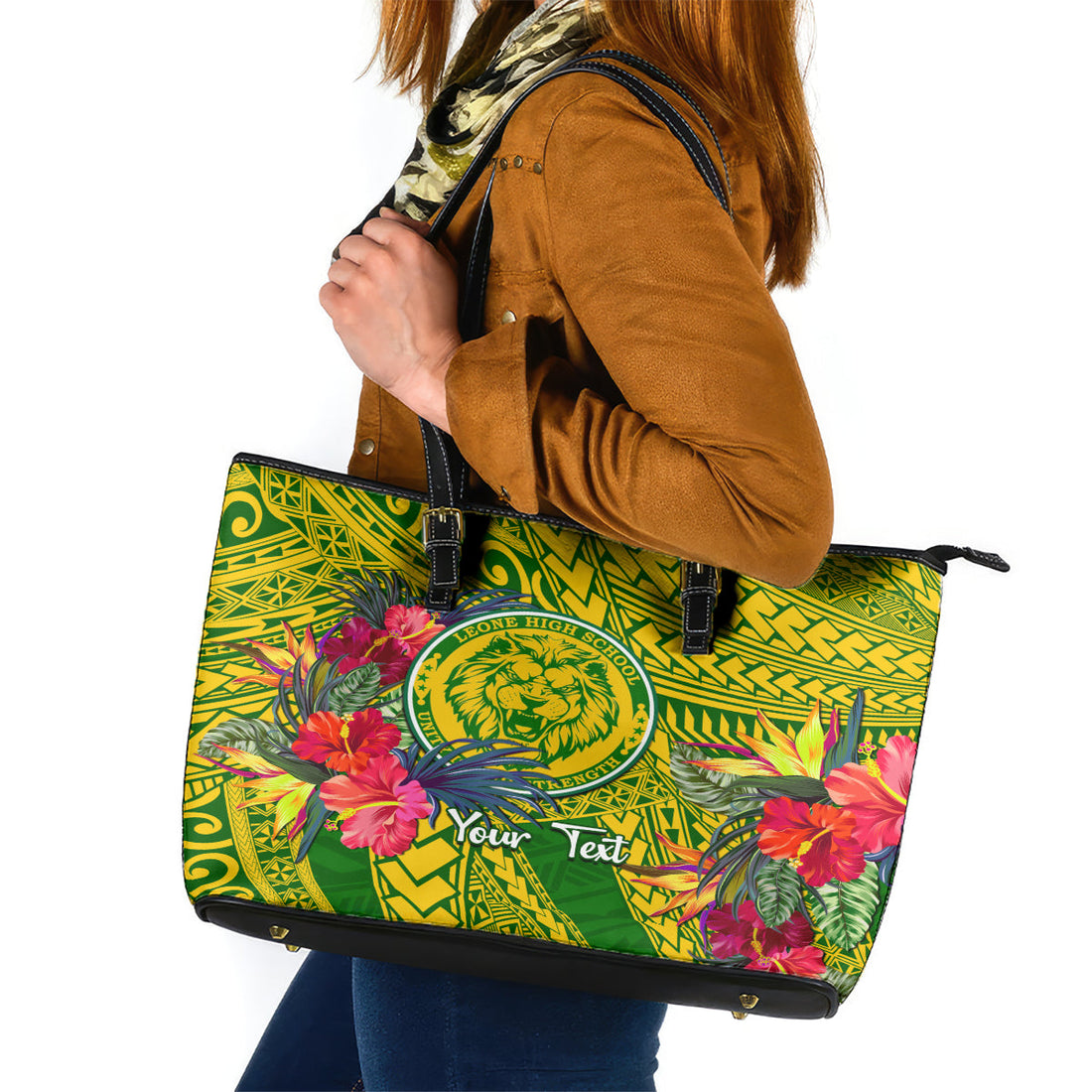 Personalised Leone High School Leather Tote Bag American Samoa Schools Polynesian Tropical Flowers LT14