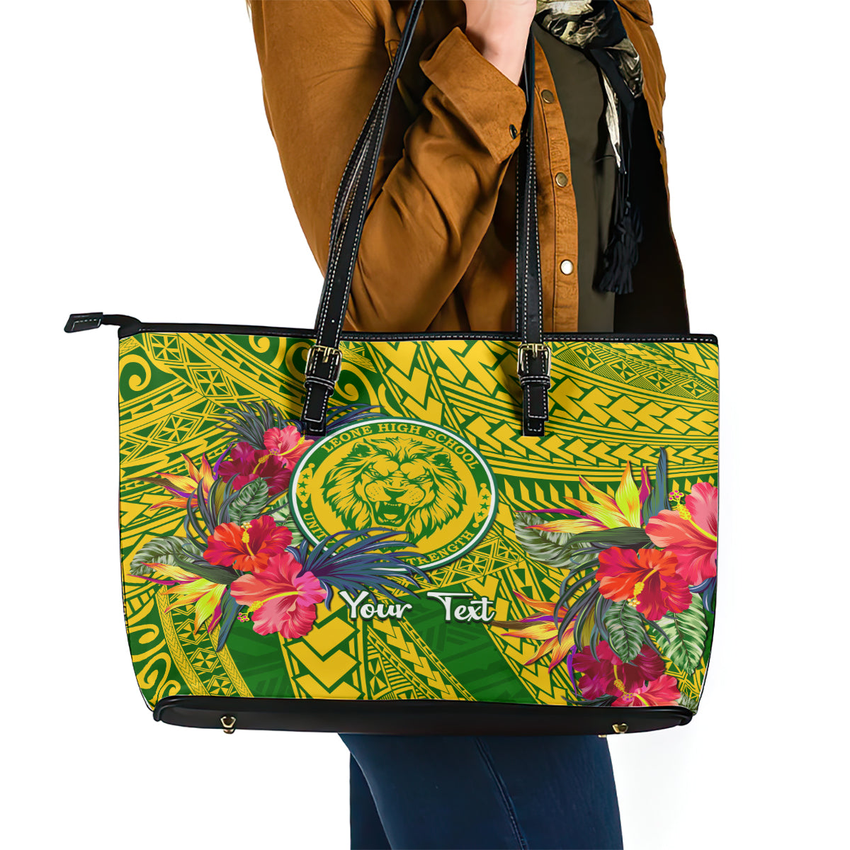 Personalised Leone High School Leather Tote Bag American Samoa Schools Polynesian Tropical Flowers LT14