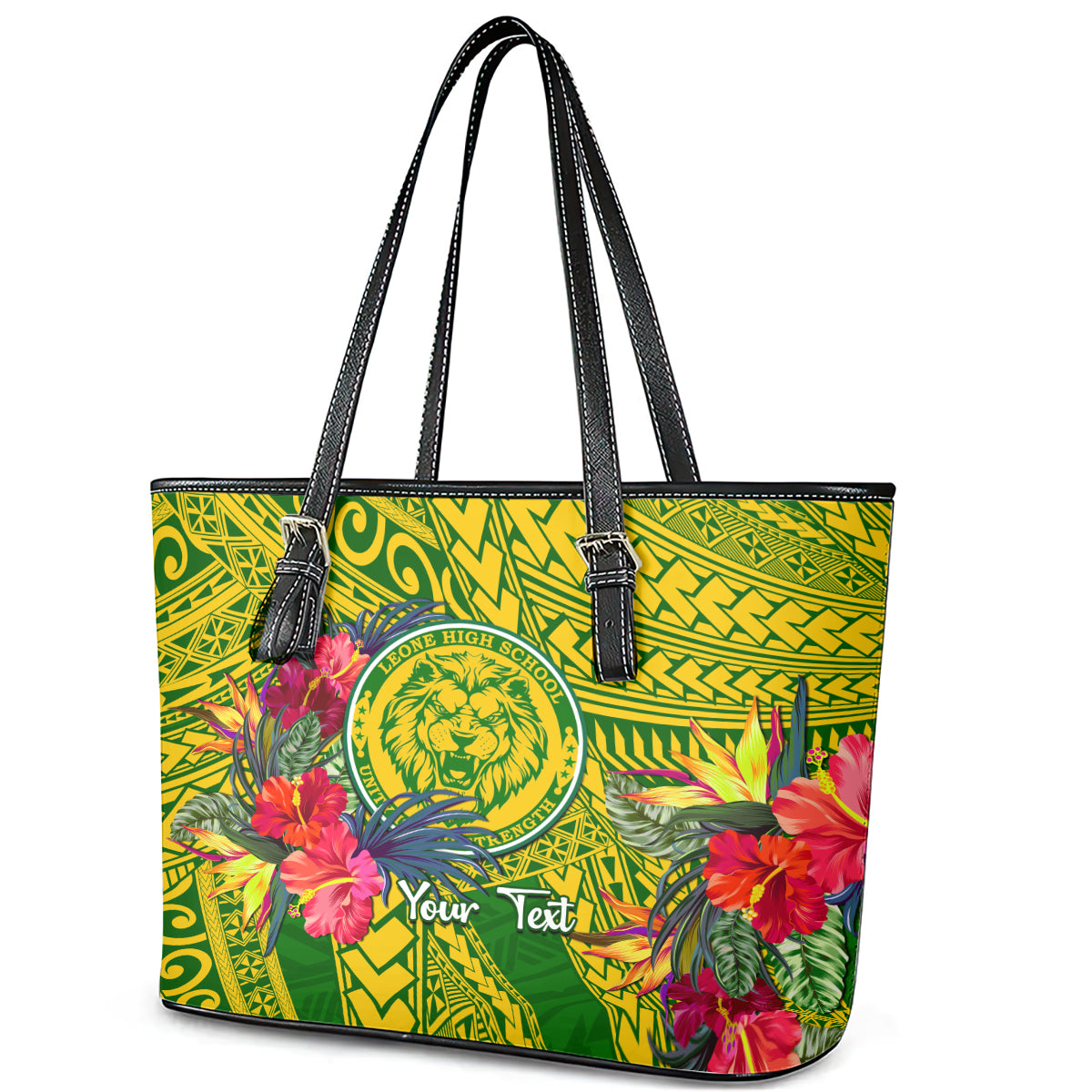 Personalised Leone High School Leather Tote Bag American Samoa Schools Polynesian Tropical Flowers LT14