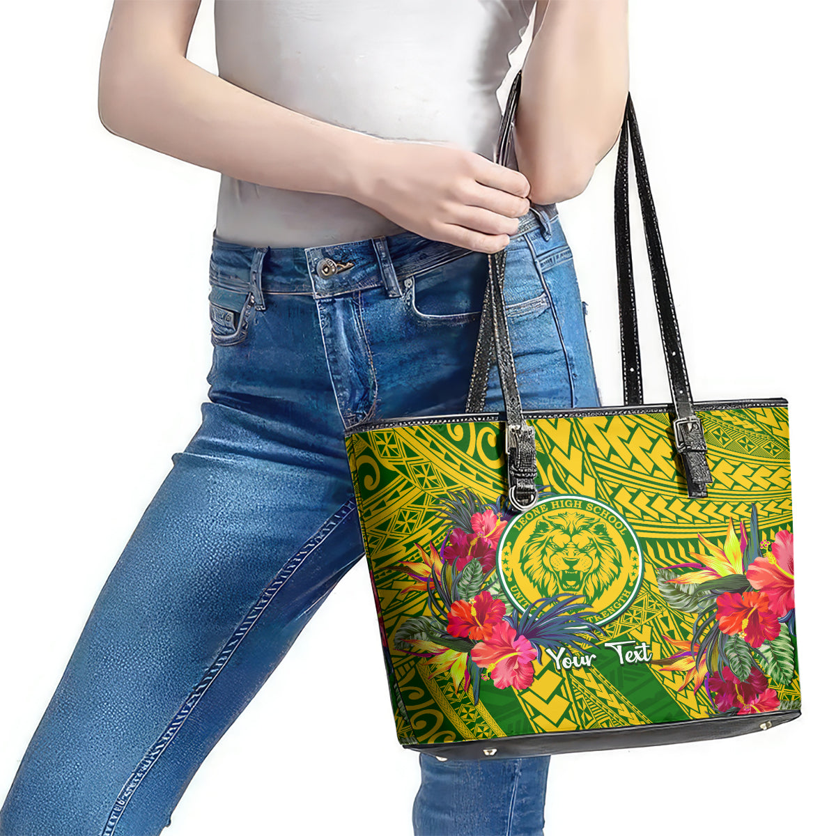 Personalised Leone High School Leather Tote Bag American Samoa Schools Polynesian Tropical Flowers LT14