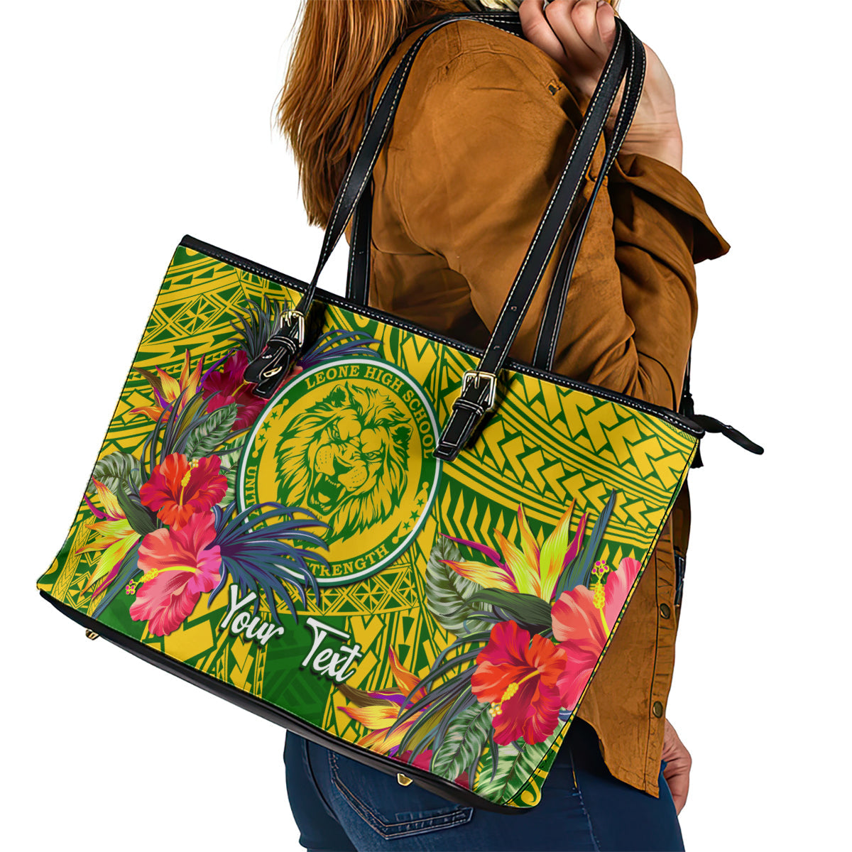 Personalised Leone High School Leather Tote Bag American Samoa Schools Polynesian Tropical Flowers LT14