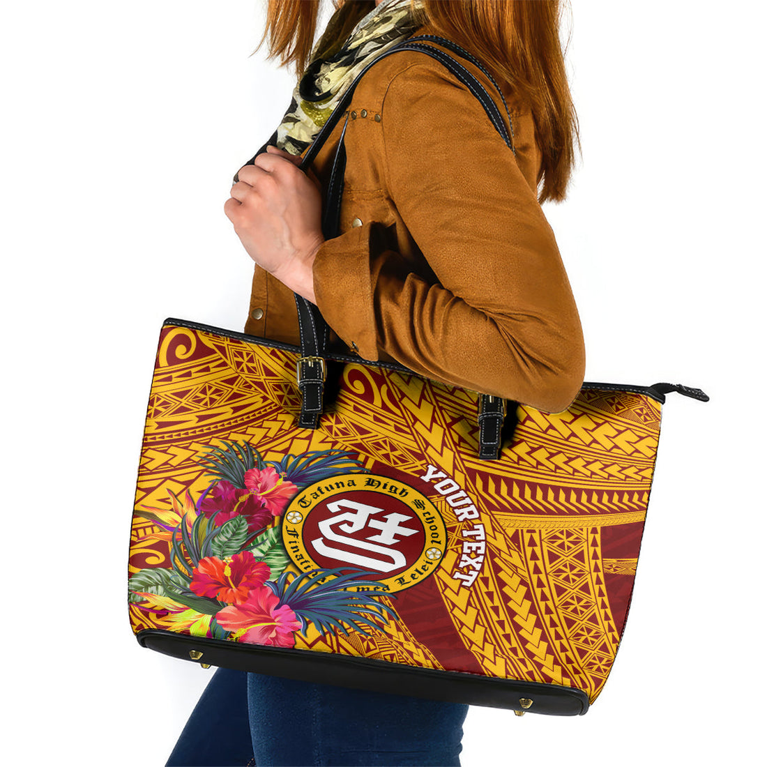 Personalised Tafuna High School Leather Tote Bag American Samoa Schools Polynesian Tropical Flowers LT14