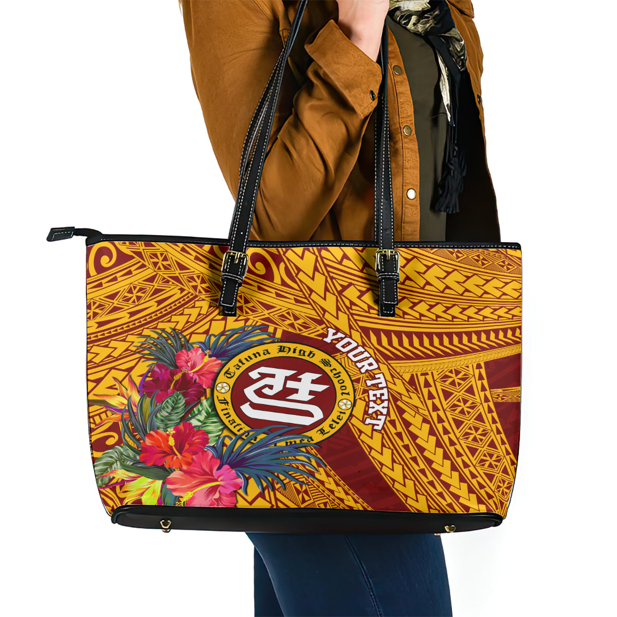 Personalised Tafuna High School Leather Tote Bag American Samoa Schools Polynesian Tropical Flowers LT14