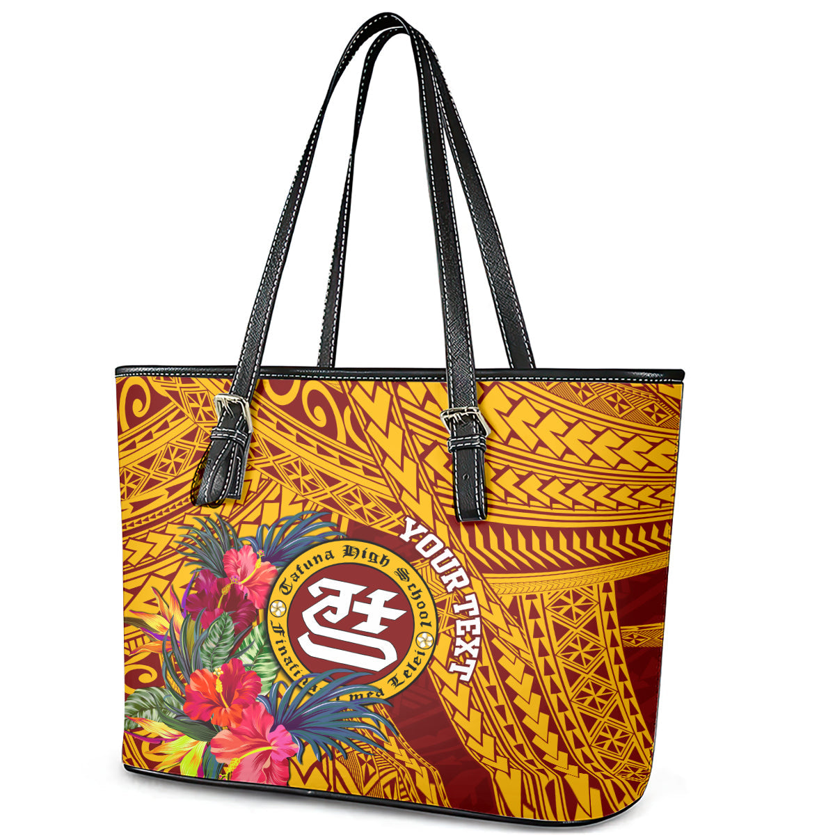 Personalised Tafuna High School Leather Tote Bag American Samoa Schools Polynesian Tropical Flowers LT14