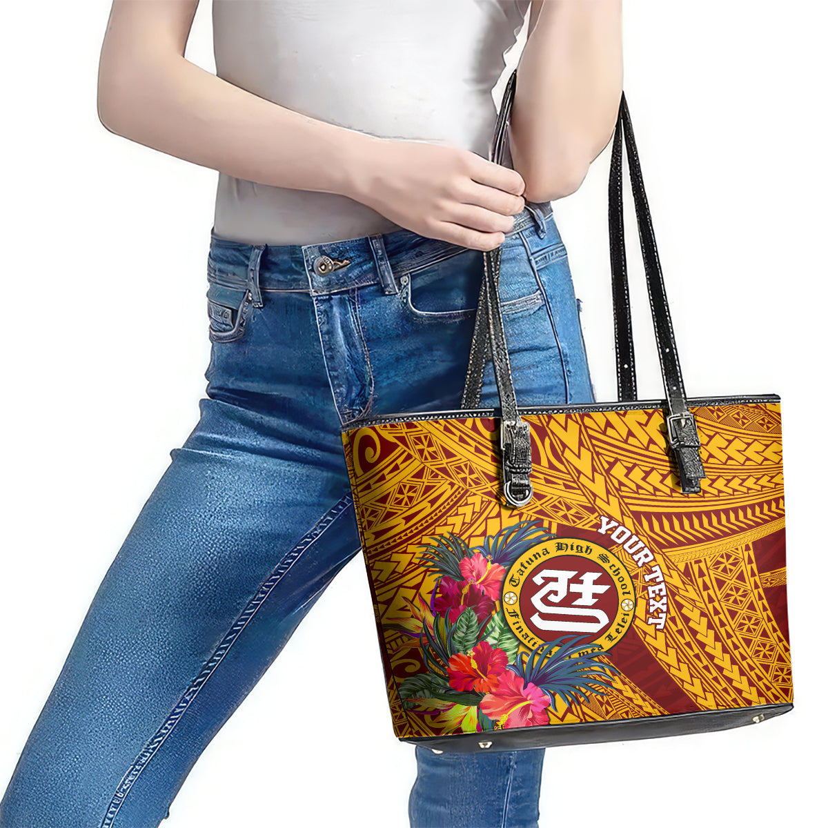 Personalised Tafuna High School Leather Tote Bag American Samoa Schools Polynesian Tropical Flowers LT14