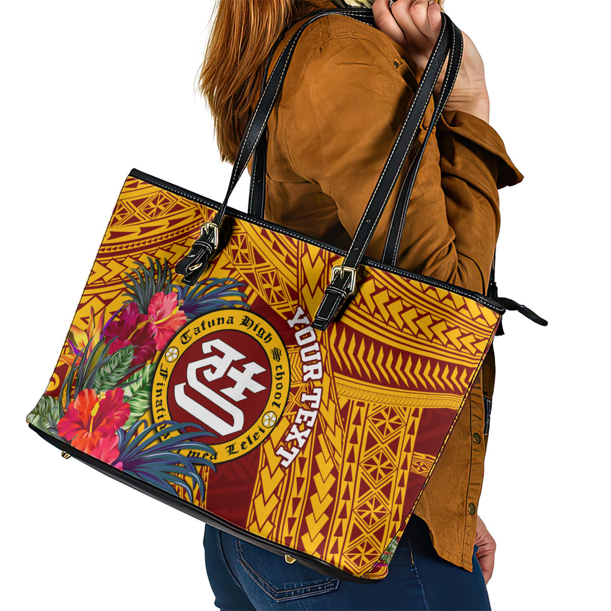 Personalised Tafuna High School Leather Tote Bag American Samoa Schools Polynesian Tropical Flowers LT14