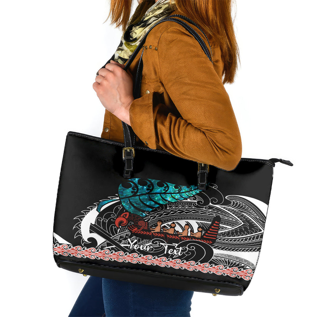 Personalised New Zealand Waka Leather Tote Bag Aotearoa Maori Silver Fern Pattern LT14