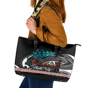 Personalised New Zealand Waka Leather Tote Bag Aotearoa Maori Silver Fern Pattern LT14
