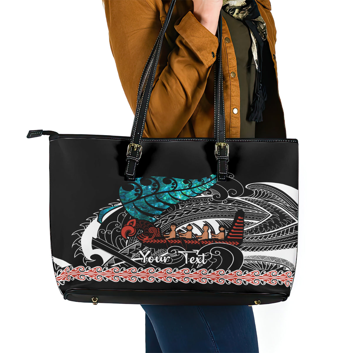 Personalised New Zealand Waka Leather Tote Bag Aotearoa Maori Silver Fern Pattern LT14