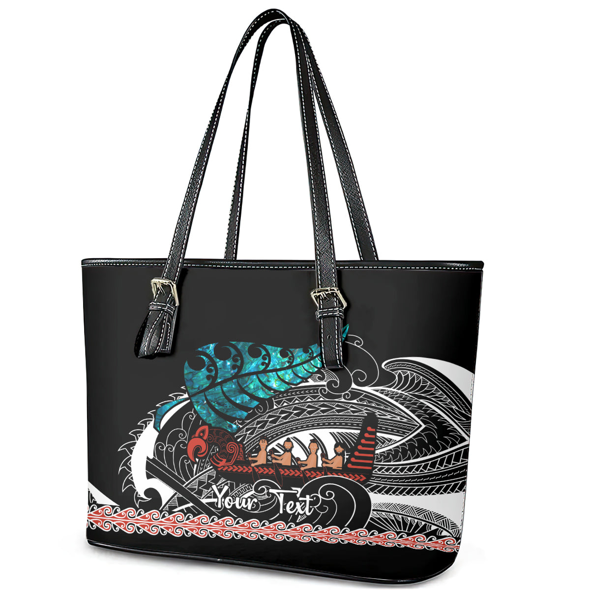 Personalised New Zealand Waka Leather Tote Bag Aotearoa Maori Silver Fern Pattern LT14