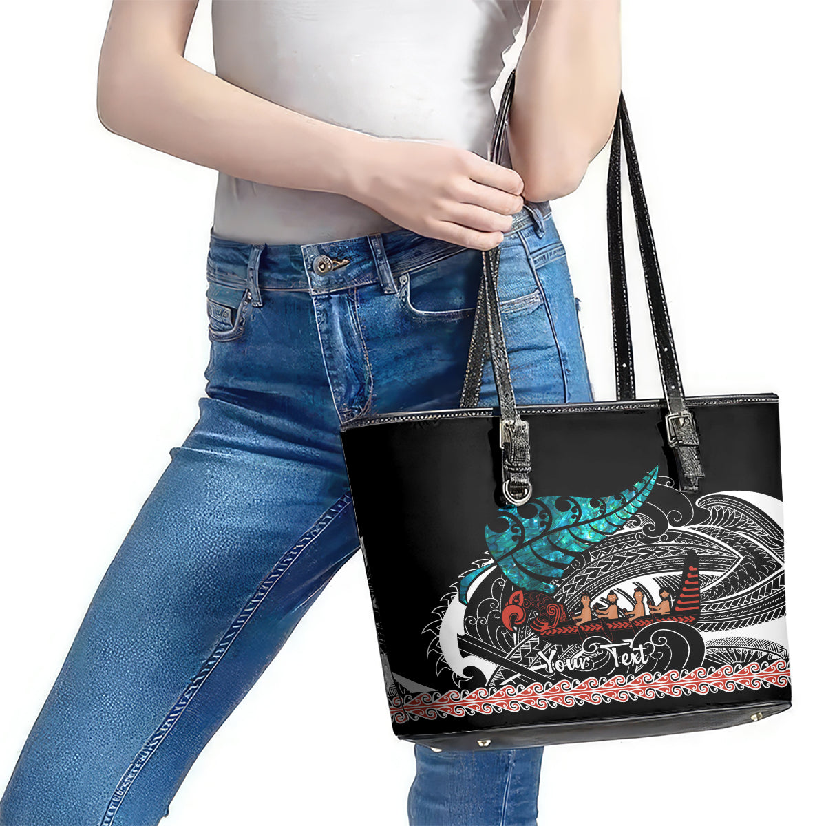 Personalised New Zealand Waka Leather Tote Bag Aotearoa Maori Silver Fern Pattern LT14