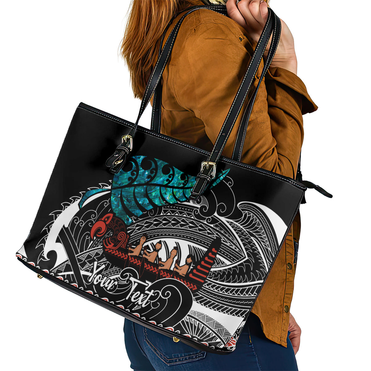 Personalised New Zealand Waka Leather Tote Bag Aotearoa Maori Silver Fern Pattern LT14