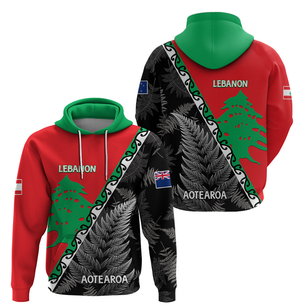 New Zealand And Lebanon Hoodie Silver Fern Maori With Cedar Tree Together LT14