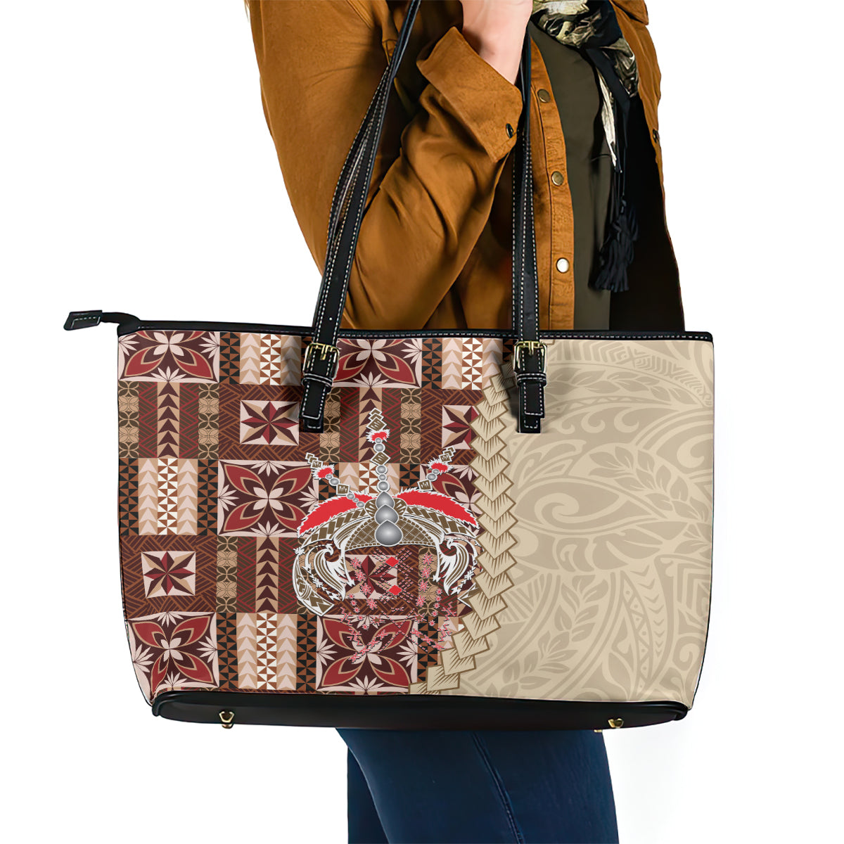 Samoa Tapau Leather Tote Bag Samoan Siapo Pattern LT14