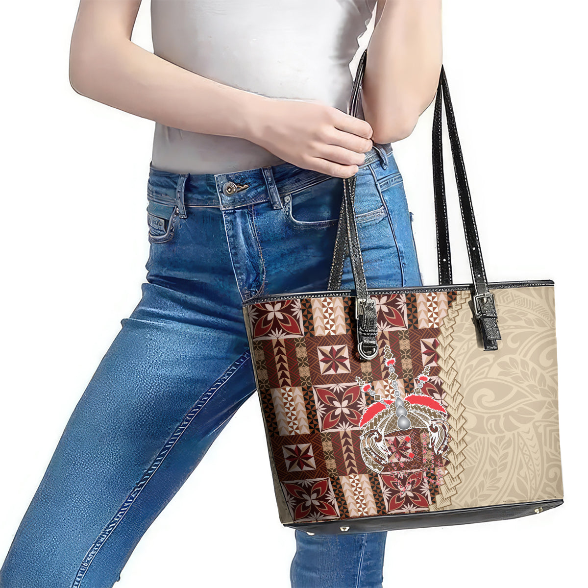 Samoa Tapau Leather Tote Bag Samoan Siapo Pattern LT14