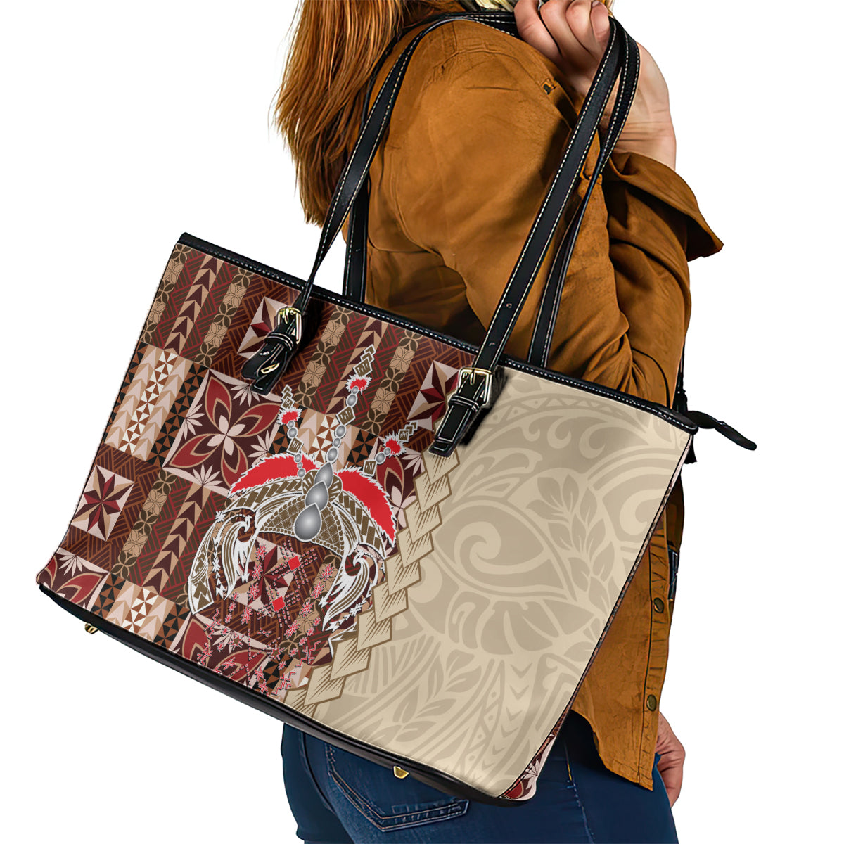 Samoa Tapau Leather Tote Bag Samoan Siapo Pattern LT14
