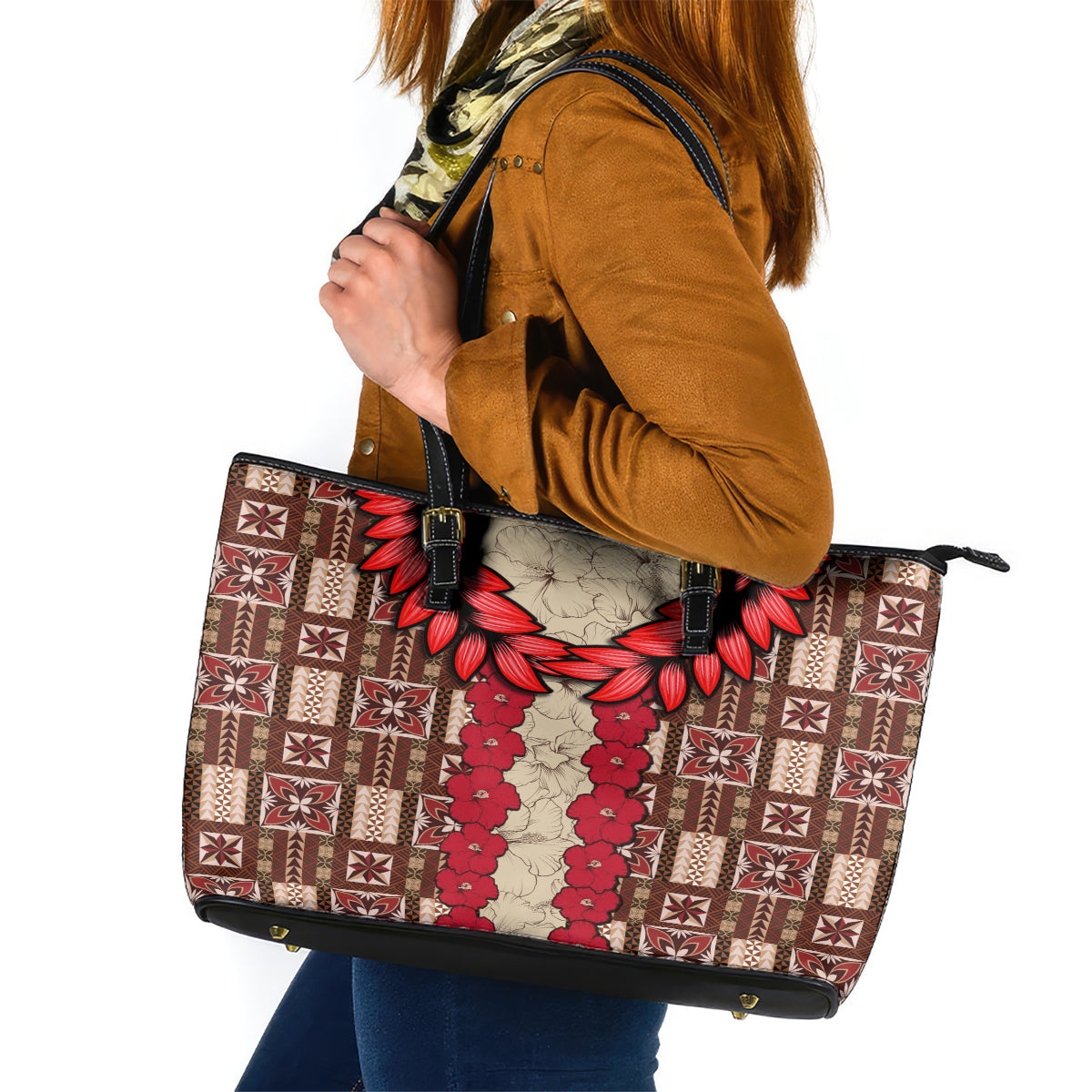 Samoa Siapo Leather Tote Bag Tapa Pattern Mix Ula Fala Hibiscus LT14