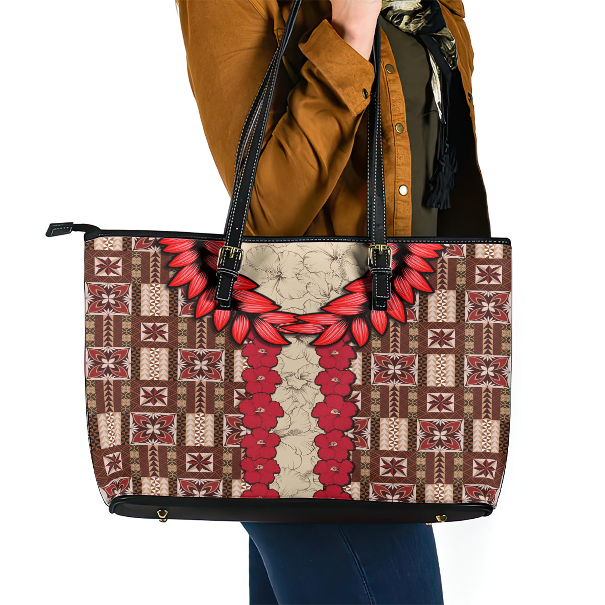 Samoa Siapo Leather Tote Bag Tapa Pattern Mix Ula Fala Hibiscus LT14