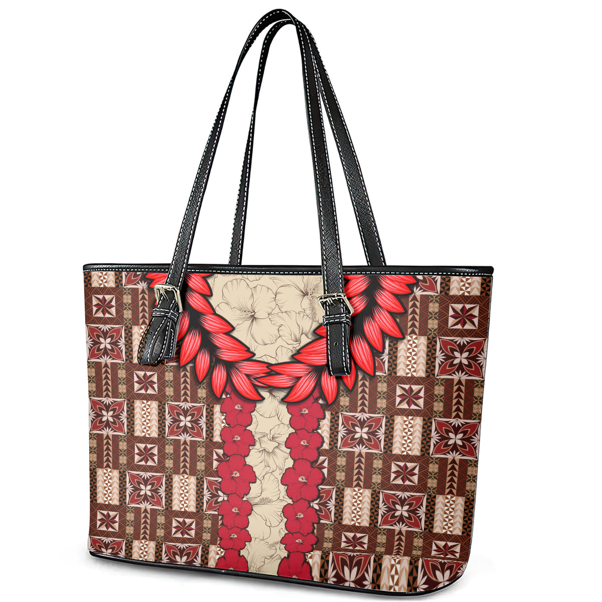 Samoa Siapo Leather Tote Bag Tapa Pattern Mix Ula Fala Hibiscus LT14