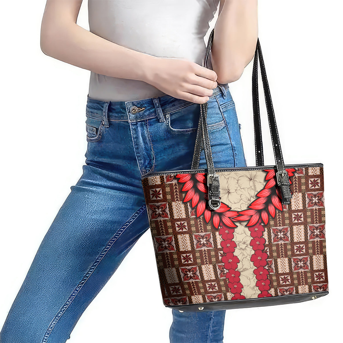 Samoa Siapo Leather Tote Bag Tapa Pattern Mix Ula Fala Hibiscus LT14