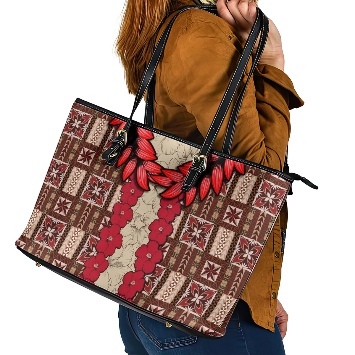 Samoa Siapo Leather Tote Bag Tapa Pattern Mix Ula Fala Hibiscus LT14