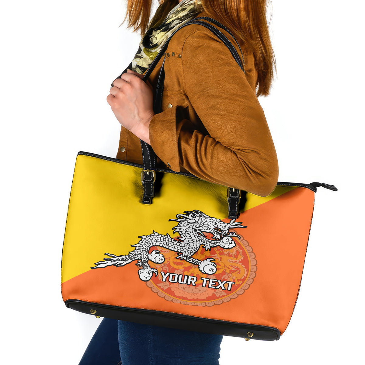 Personalised Bhutan National Day Leather Tote Bag Coat Of Arms Mix Flag Style LT14