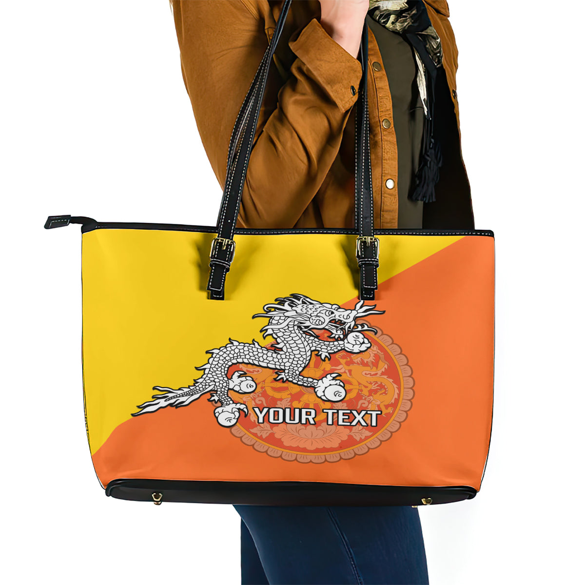 Personalised Bhutan National Day Leather Tote Bag Coat Of Arms Mix Flag Style LT14