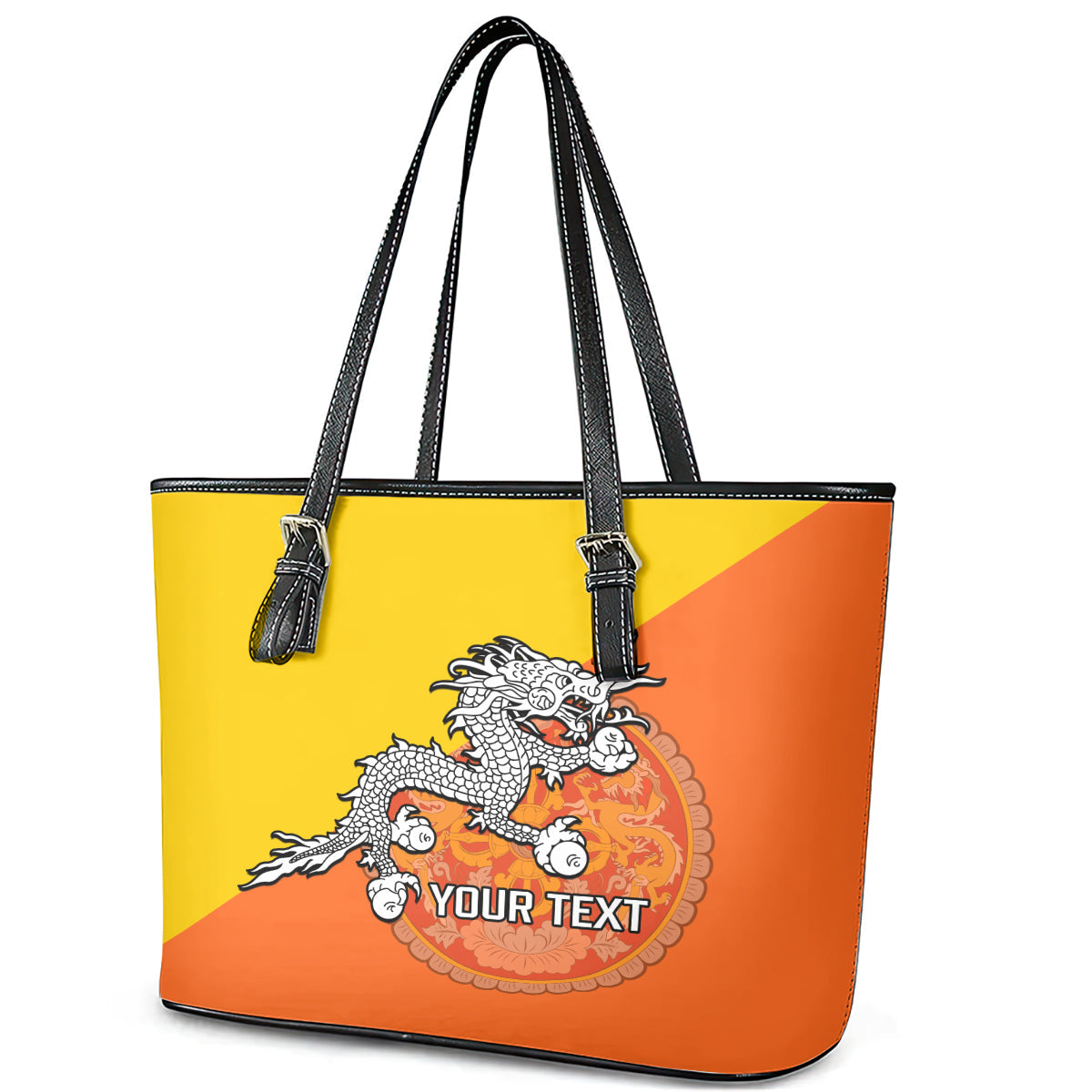 Personalised Bhutan National Day Leather Tote Bag Coat Of Arms Mix Flag Style LT14