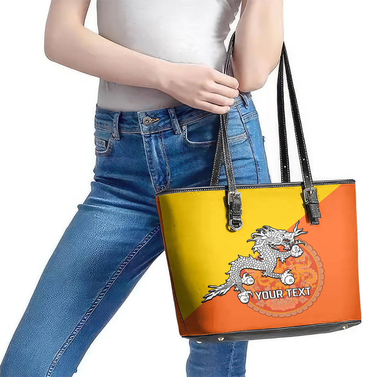 Personalised Bhutan National Day Leather Tote Bag Coat Of Arms Mix Flag Style LT14