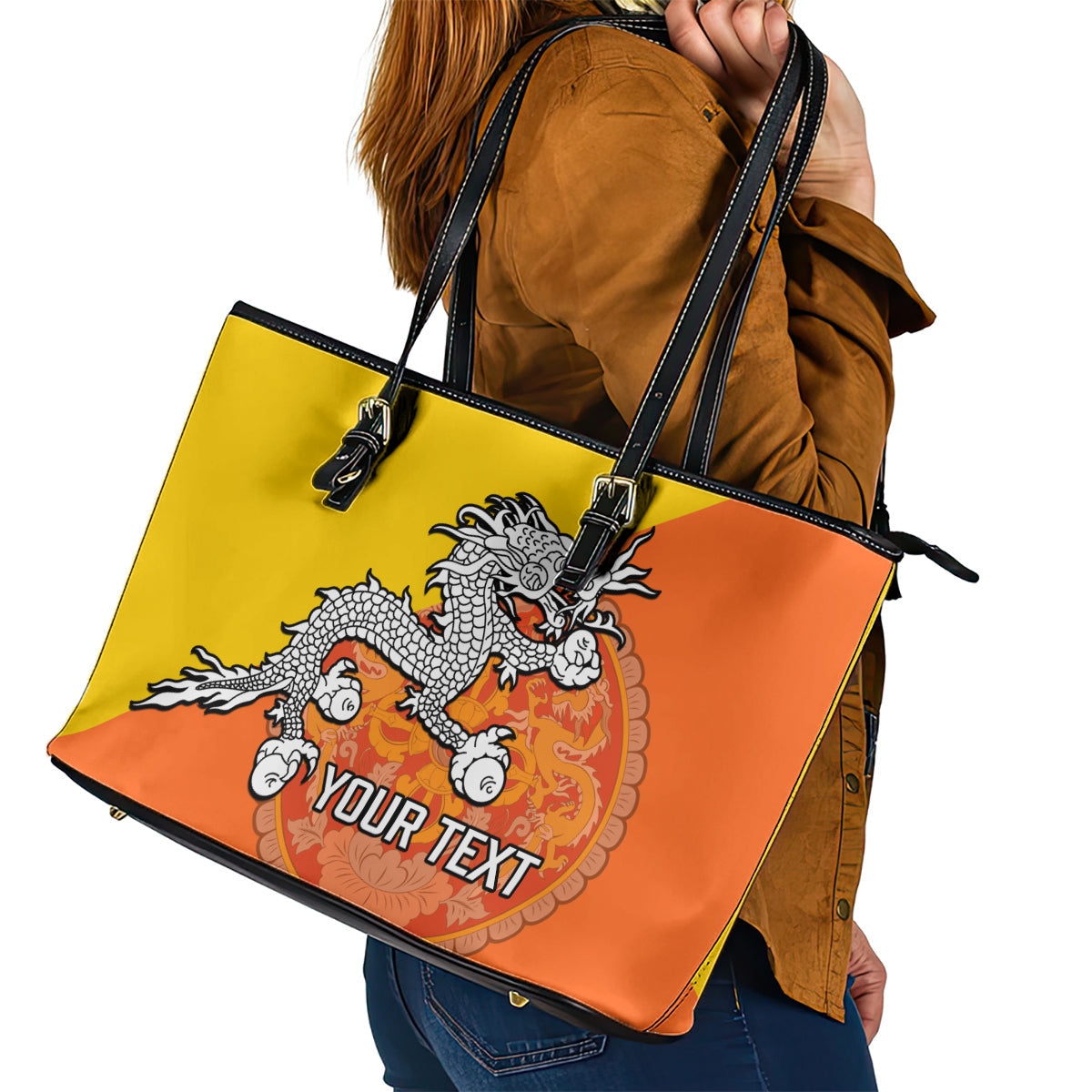 Personalised Bhutan National Day Leather Tote Bag Coat Of Arms Mix Flag Style LT14