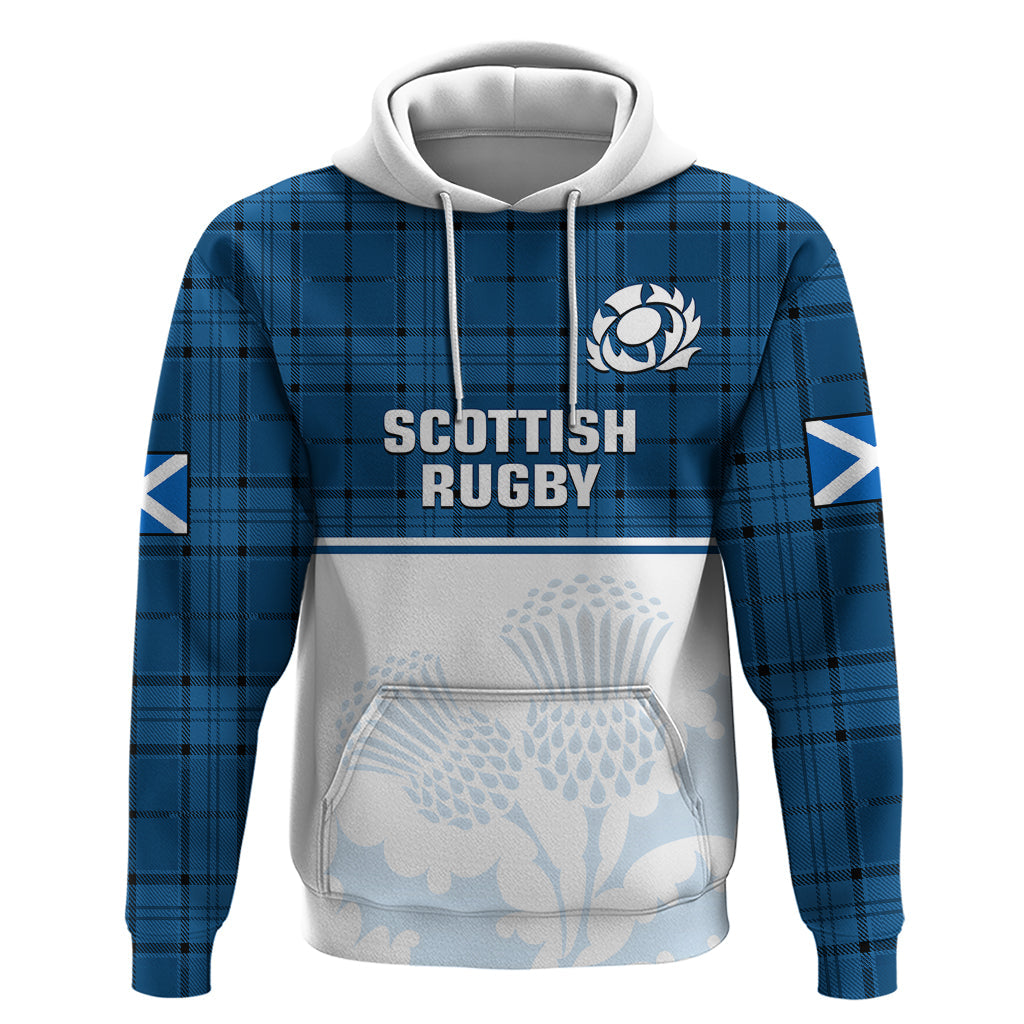Custom Scotland Rugby Hoodie Thistle Mix Tartan Scottish Map Sporty Version Blue LT14