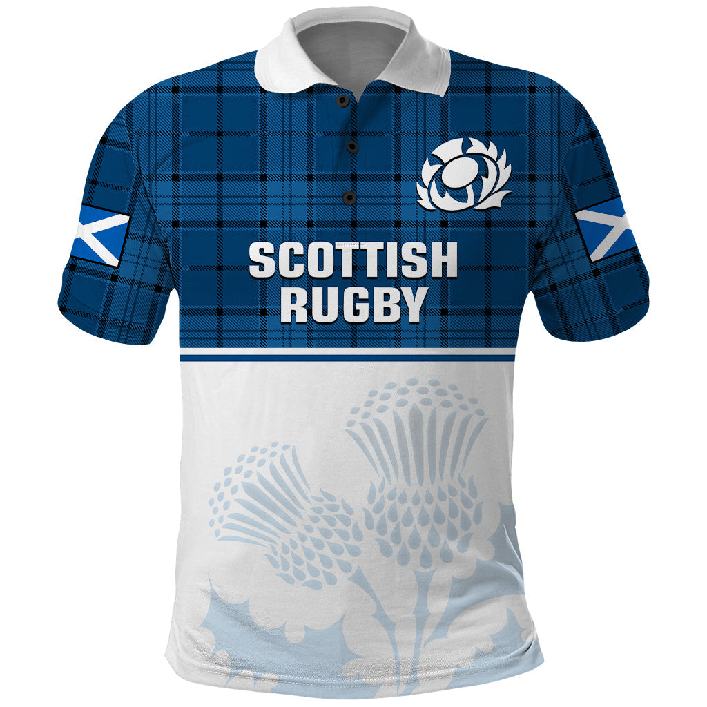 (Custom Text And Number) Scotland Rugby Polo Shirt Thistle Mix Tartan Scottish Map Sporty Version Blue LT14