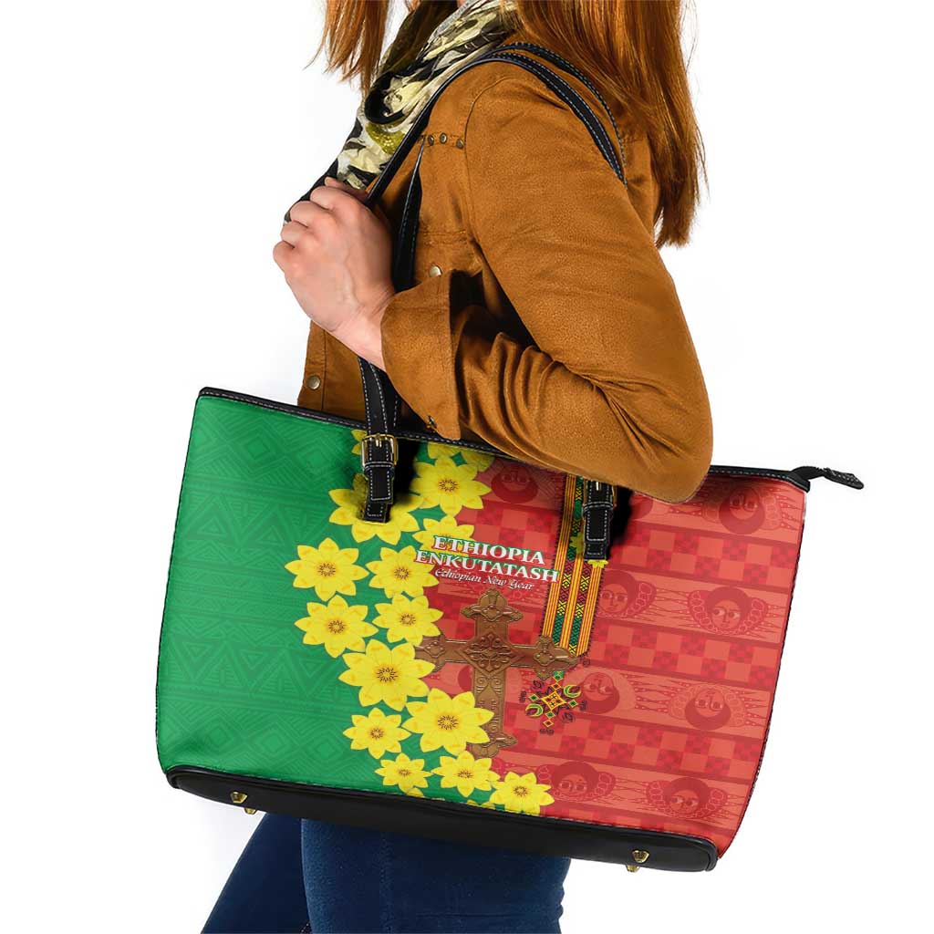 Enkutatash Ethiopia Leather Tote Bag Melkam Addis Amet Adey Abeba Flower LT14