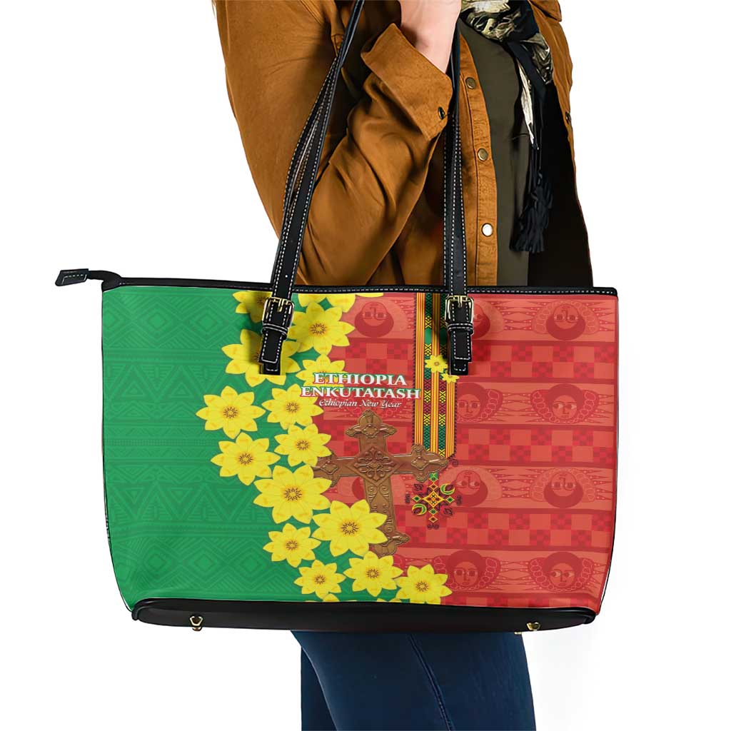 Enkutatash Ethiopia Leather Tote Bag Melkam Addis Amet Adey Abeba Flower LT14