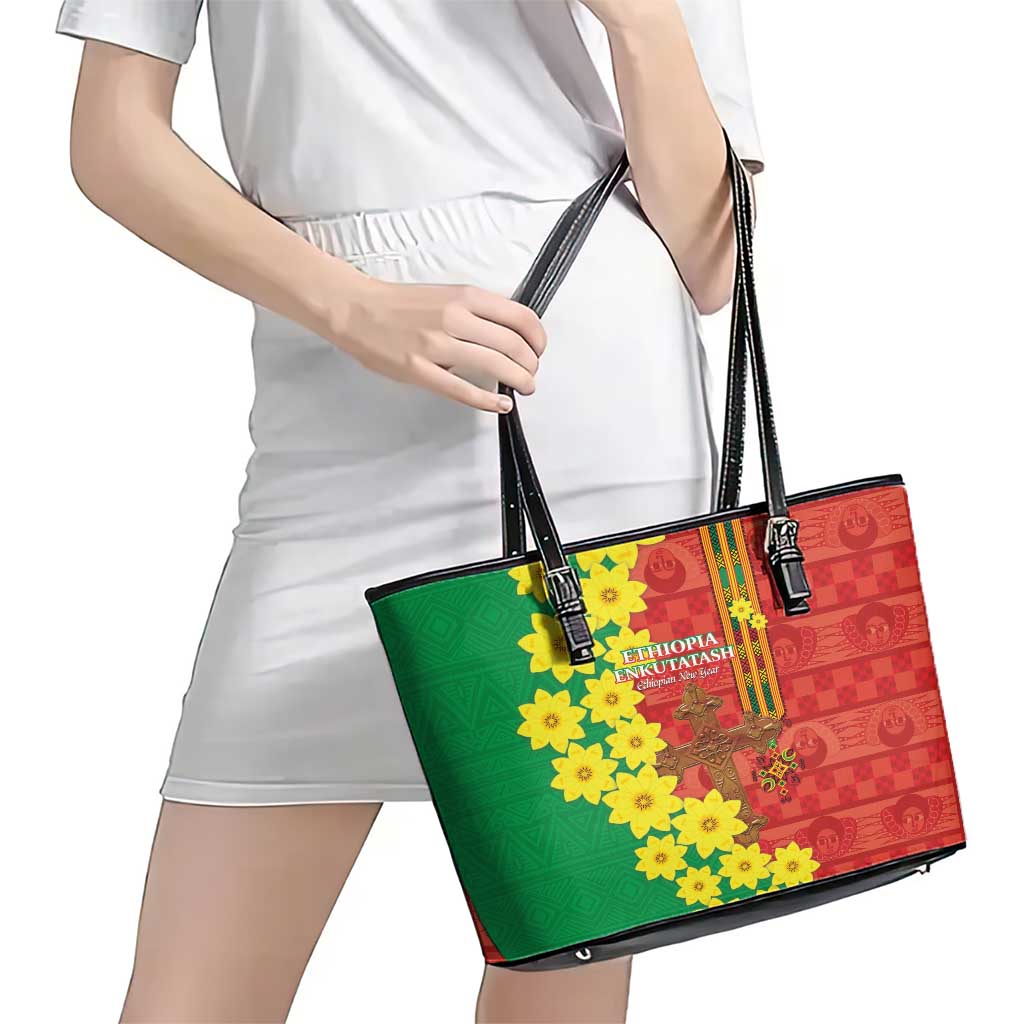 Enkutatash Ethiopia Leather Tote Bag Melkam Addis Amet Adey Abeba Flower LT14