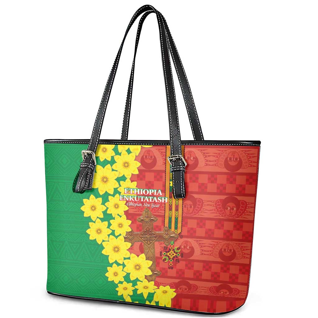 Enkutatash Ethiopia Leather Tote Bag Melkam Addis Amet Adey Abeba Flower LT14