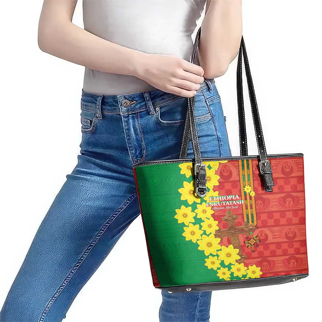 Enkutatash Ethiopia Leather Tote Bag Melkam Addis Amet Adey Abeba Flower LT14